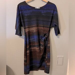 Robbie Bee Wrap Dress Sz petite small Blue Tan Black 1/2 Sleeve EUC